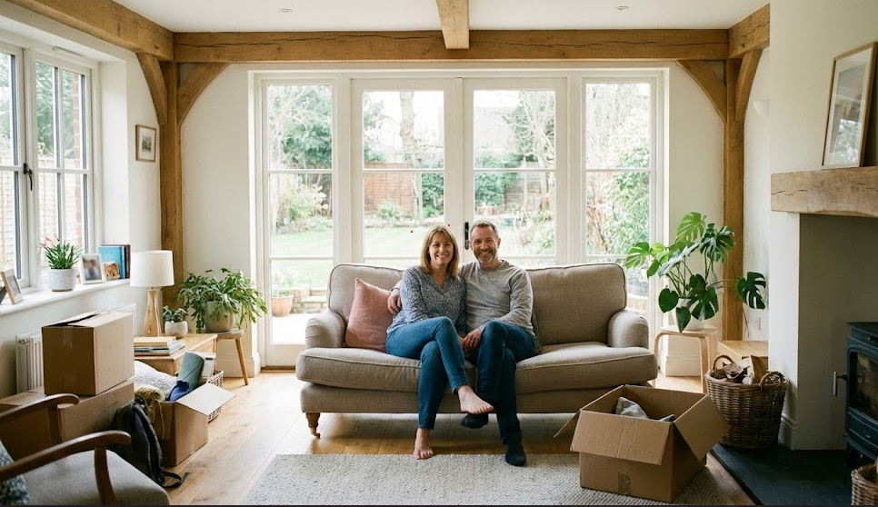 Happy couple outside their new home